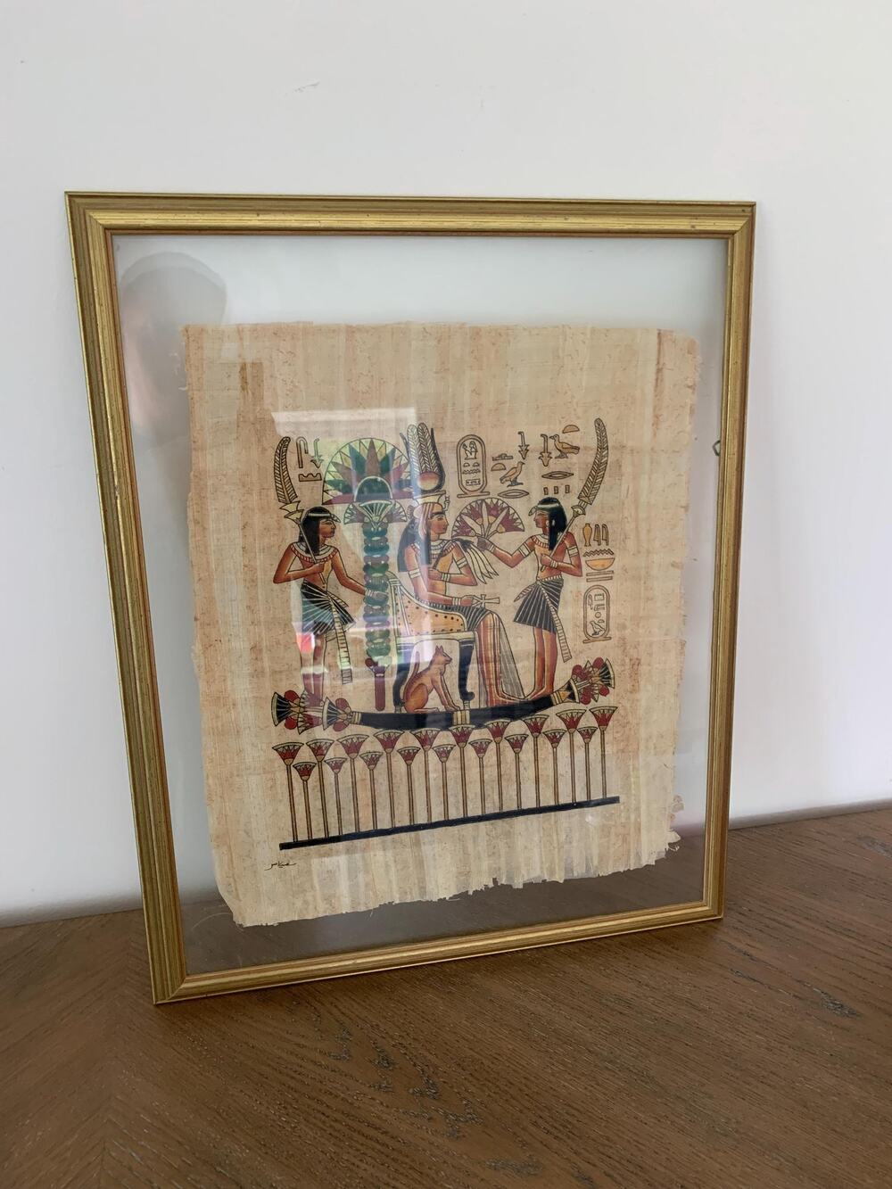 Vintage Egyptian Papyrus Painting Queen Nefertari Framed Art Signed